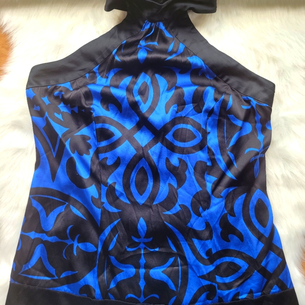 INC International Concepts Cobalt Blue and Black Ornate Silk Halter Size Small